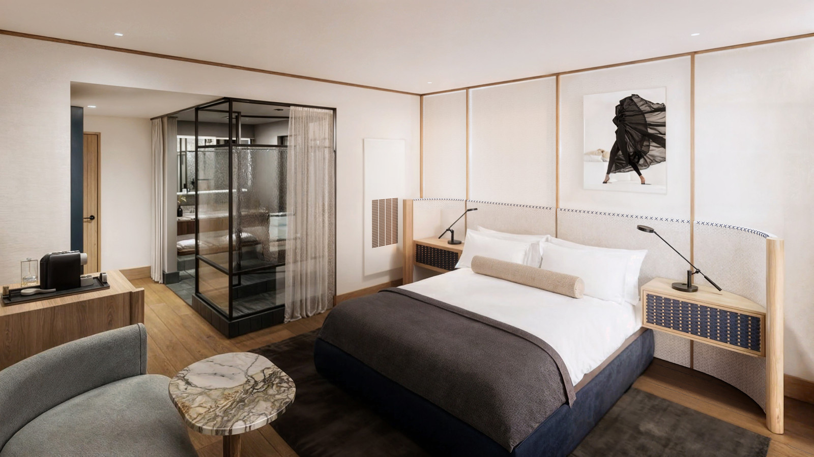Warmly detailed contemporary hotel guest room
