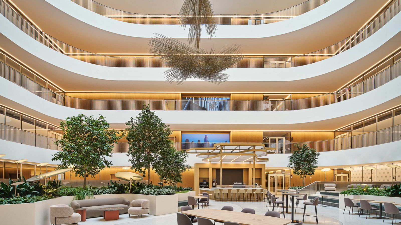 Sculptural reception lounge in the Hudson’s Detroit development